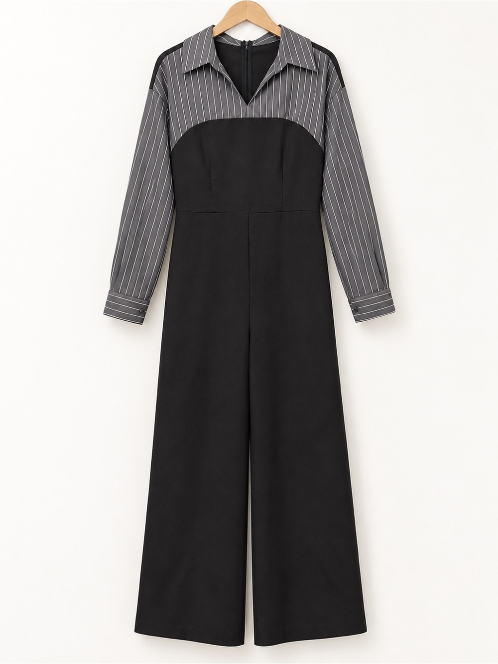SHEIN Black Jumpsuit with Gray Pinstripe Shirt Detail